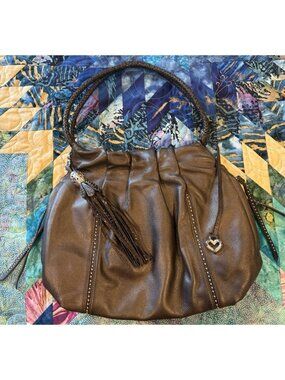 Brighton Woman's Leather Shoulder Bag Purse Hobo Pewter Studded Charm Braided
